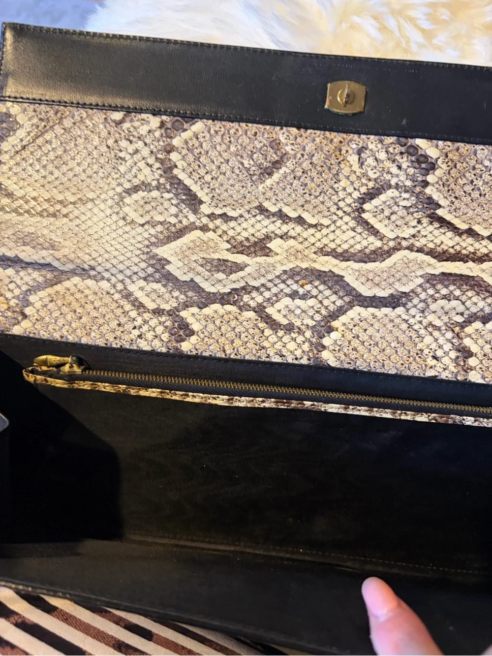 1960s Large Vintage Black Clutch with Snakeskin interior and Zipper Pocket